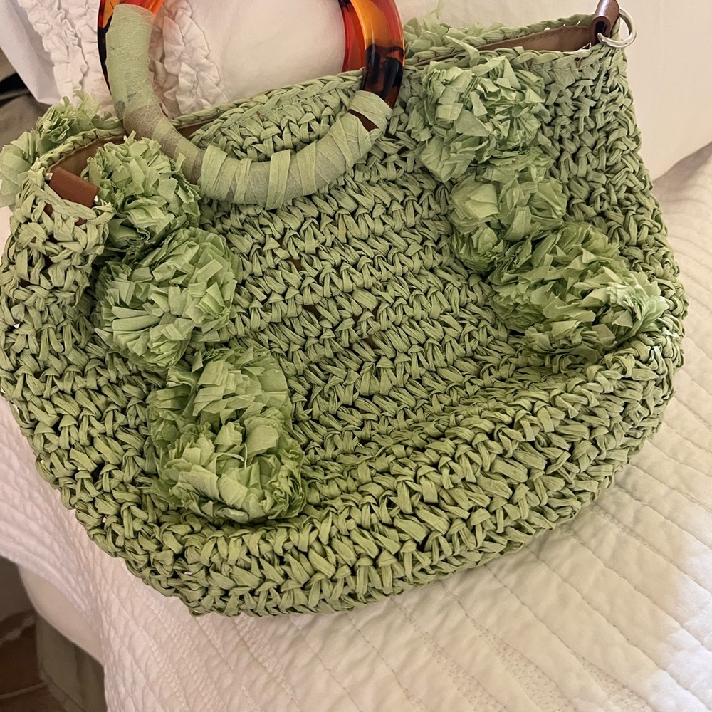 Green Woven Handbag with Tortoise Handles